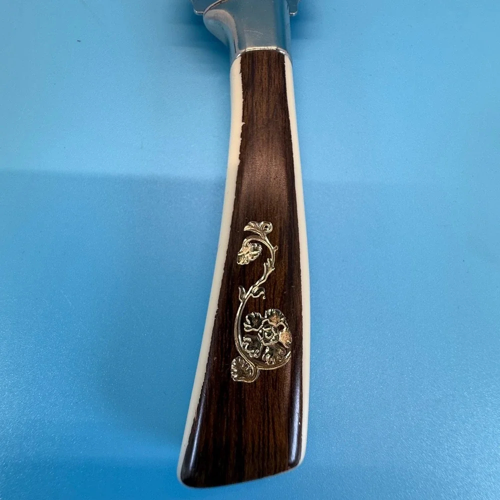 VTG Lifetime Cutlery Serrated Cake Knife Brown Cream Gold Floral Inlay MCM 10.5